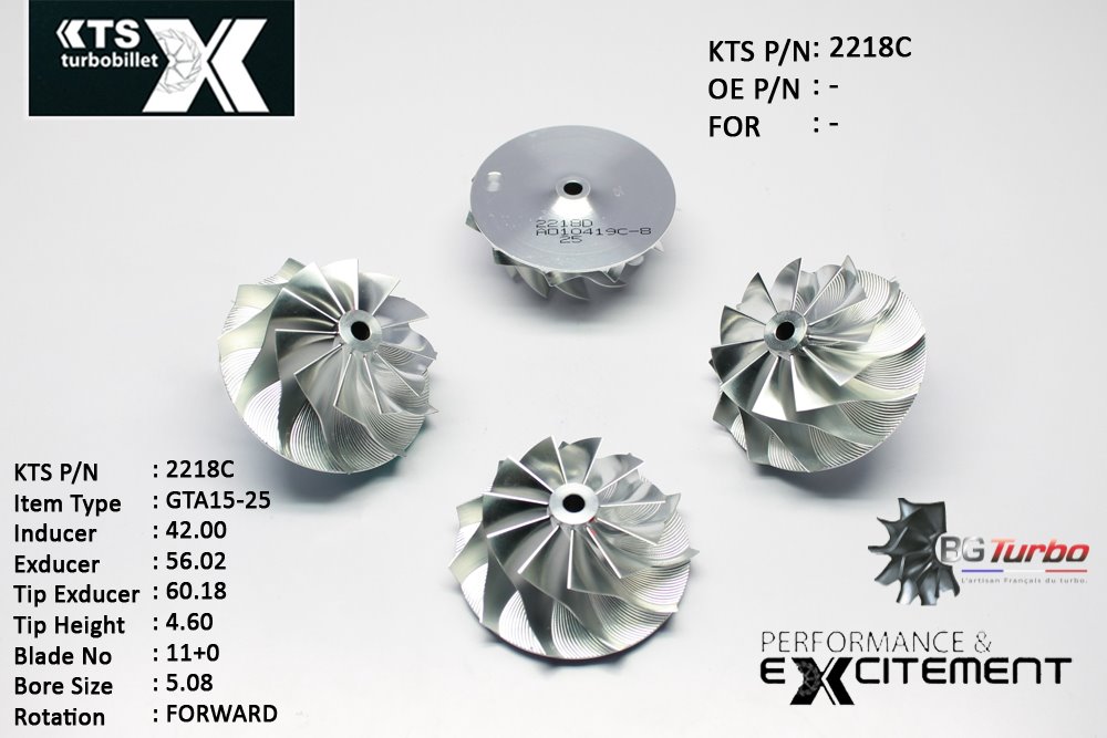 Turbo ROUE FORGÉE MFS PERFORMANCE - 11+0 PALES - INDUCER : 42 - EXDUCER : 56,02 - TYPE : GTA15-25ANGLE : 60° - ROTATION : Forward - SUPER BACK : 2,39 - BORE SIZE : 5,08
